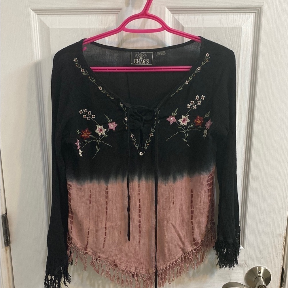 Bhag’s Boho Fringe Embroidered Floral Pink Black Top Lace Up Medium Whimsigoth